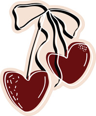 Hand Drawn Dark Red Heart Shaped Cherries with Black Ribbon Bow Coquette Illustration