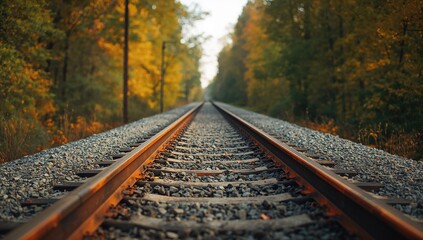 Old rusted rail fragment on gravel beside autumn foliage, highlighting transportation infrastructure