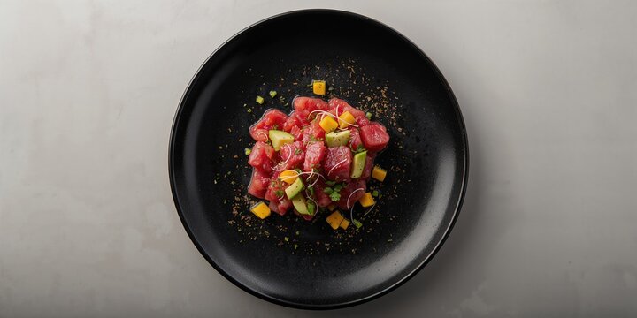 Black plated dish of Ahi Tuna Tartar, highlighting raw seafood preparation for gourmet presentation