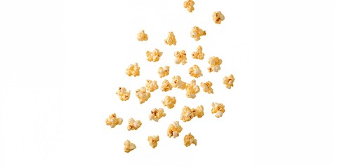 Fototapeta premium Puffed popcorn floating in the air on a white backdrop, highlighting snack lightness and texture