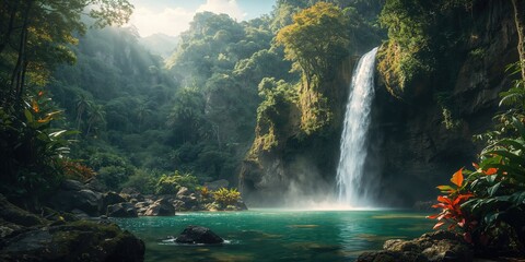 Water cascading over mountain cliffs amid tropical trees and dense forest, highlighting nature tourism