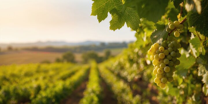 Green grapes on vineyard vines, harvesting for white wine production, autumn harvest season - Powered by Adobe
