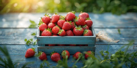 Fresh strawberries arranged on a blue wooden surface, raw food summer berries, food safety awareness