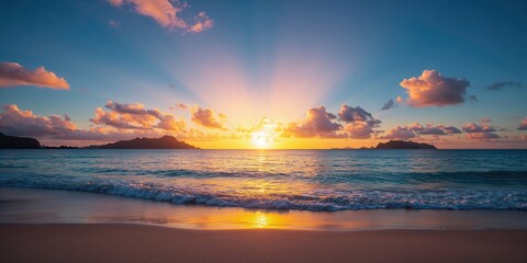 Vivid ocean beach scene at sunrise with deep blue sky and sun rays, ideal for editorial header backgrounds