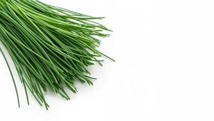 Fresh chopped chives isolated on a white surface, used in food styling or ingredient display