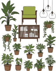 Aesthetic Flat Design Vector Collection of Potted Indoor House Plants, Wooden Armchair, Bookshelf, and Modern Industrial Hanging Pendant Lights