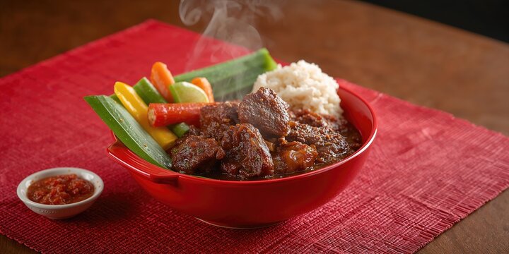 Beef Rendang presented in a red bowl alongside vegetables sambal and rice, highlighting authentic Indonesian flavors and meal assembly