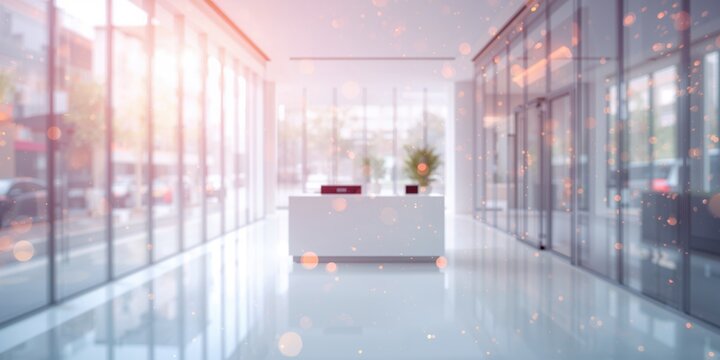 Blurred office background in a modern business interior hallway with large window fields and lighting, suitable for UI backdrop