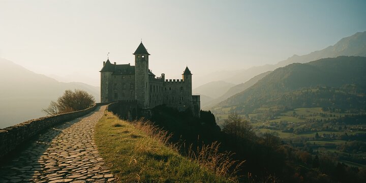 Historic stone fortress wall, medieval European castle for visitors