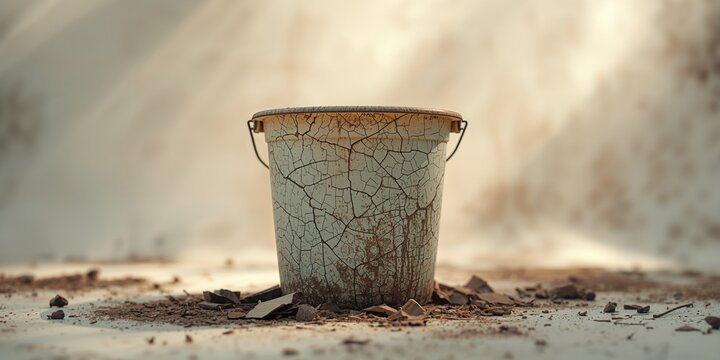 Detailed view of a weathered and cracked plastic bucket, highlighting durability concerns and usage wear