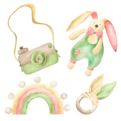 A set of wooden eco-friendly toys for a baby: a camera, a bunny, a rainbow, a teether. Hand-drawn watercolor illustrations of baby items. Suitable for nursery design, packaging, cards, and textiles.