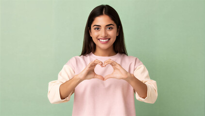 Cheerful Young Woman Making Heart Shape with Hands on Green Background
