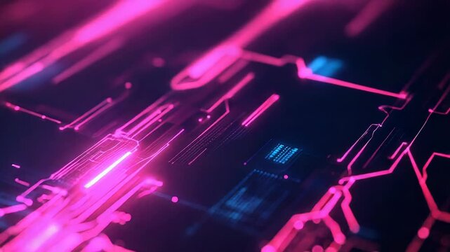 Futuristic circuit board glowing with neon digital data