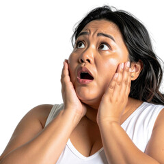 Surprised Woman Expressing Shock and Disbelief with Hands on Face, Isolated on Black Background