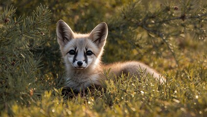 Young fox resting amidst juniper bushes in a natural environment, highlighting wildlife habitat preservation