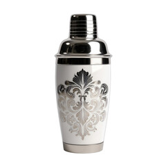 Elegant cocktail shaker with ornate silver and gold damask pattern