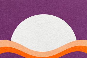 Violet textured paper background with white circle for copy space and coral, orange waves for banner, presentation
