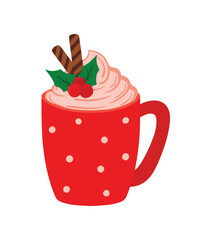 Christmas Drink Hot Chocolate with Whipped Cream and Holly Berries Vector Illustration