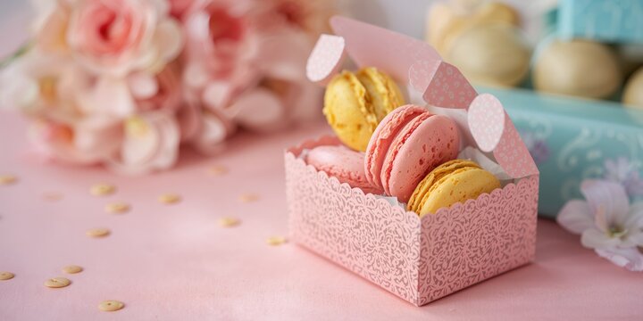Colorful French macaroons arranged in stylish boxes for a birthday celebration, suitable as a festive dessert backdrop