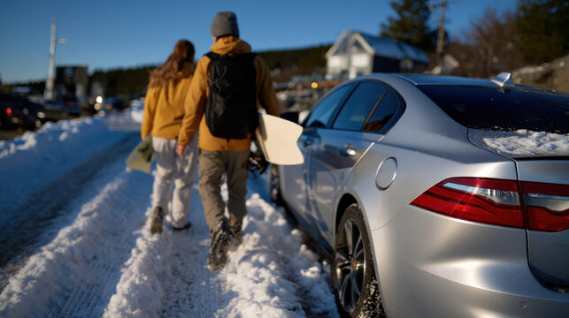 A couple walks hand in hand through a snowy street, carrying a snowboard and dressed in warm hoodies, embodying joy and togetherness amidst the winter landscape. - Powered by Adobe