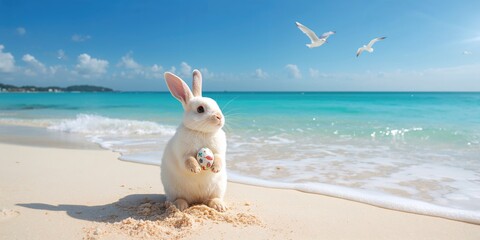 Easter rabbit with vibrant eggs on sandy beach near the ocean, seasonal holiday celebration