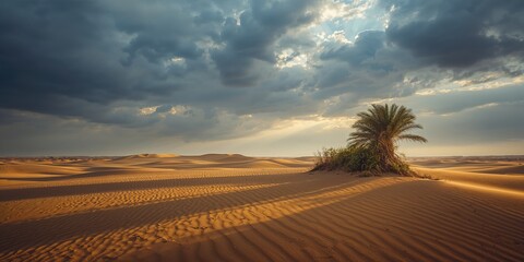 Oasis in the Arabian Desert with water and palm trees, highlighting arid climate conditions
