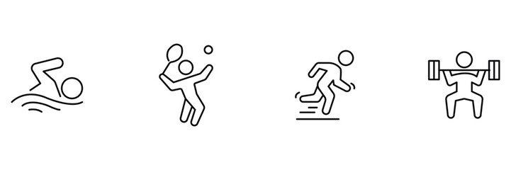 Sports fitness icon set, swimming stroke, tennis player serve, running athlete sprint, weightlifting training outline minimal vector illustration.