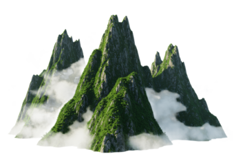 Majestic, towering granite mountain range covered in vibrant emerald green moss, dramatic white fog swirling at the base against a transparent background. Concept of pristine monumental isolation