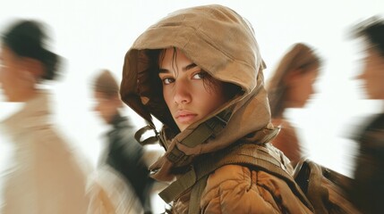 Young person with hood pulled up stands out from blurred background crowd.