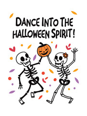 Friendly Skeletons Dancing With Pumpkins Illustration | Halloween Vector EPS
