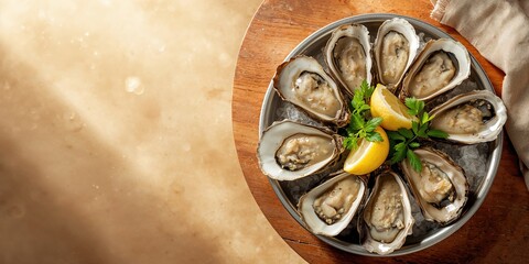 Fresh oysters on a rustic table top view for seafood dish presentation, pescetarianism diet awareness