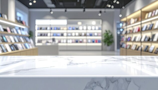 An empty white marble counter, with the shelves of a cell phone shop as a blurry backdrop.
