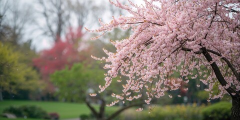 Cherry blossom trees in full bloom, seasonal change highlighting delicate pink flowers, Earth Day