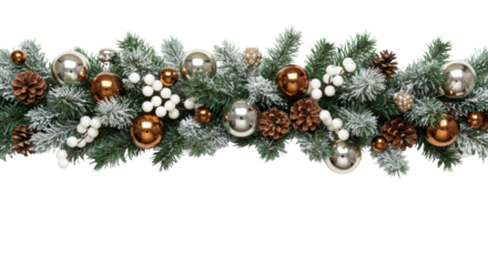 Lavish, asymmetrical christmas garland border of frosted fir, polished silver and bronze baubles, and white berries, isolated on a high-key white background concept of luxurious holiday celebration