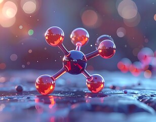 Glossy molecule on an uneven surface with bokeh lights. Molecular structure of interconnected spheres with warm hues