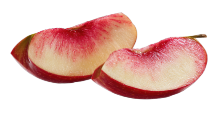 Two juicy, sliced segments of ripe fruit with red and white flesh