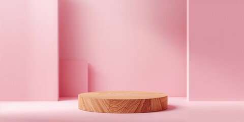 Minimalist stage setup featuring a wooden podium with space for beauty products, perfumes, and jewelry on a pink backdrop