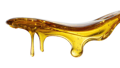 Golden viscous liquid drips and flows, creating shimmering, translucent shapes