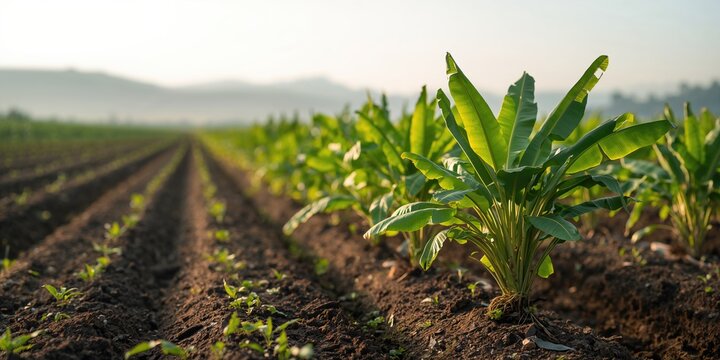 Banana plantation with lush rows of fruit-bearing trees, sustainable agriculture practices, World Agriculture Day