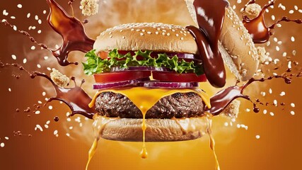 Juicy burger with layers of cheese and fresh vegetables splashing in sauce. Bright orange background creates dynamic food setting. Concept of fast food, restaurant, food photography
