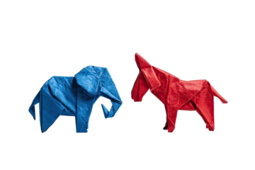 Two folded paper animals, blue elephant and red donkey, on black