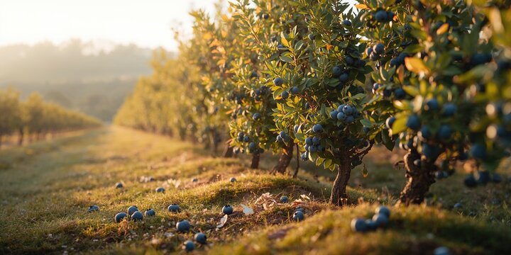 Blueberry bushes arranged in a line, crop growth for agriculture efficiency, Earth Day - Powered by Adobe