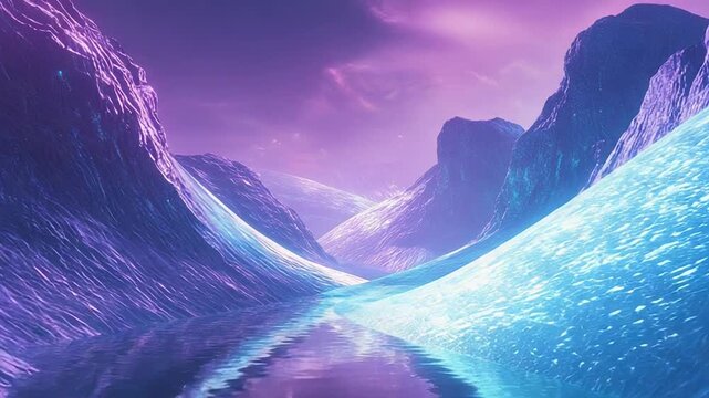 Fantasy landscape with glowing river and purple mountains