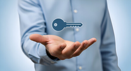 Businessman presenting a glowing digital key icon floating above his open palm symbolizing access security solution or business opportunity against a light blue background