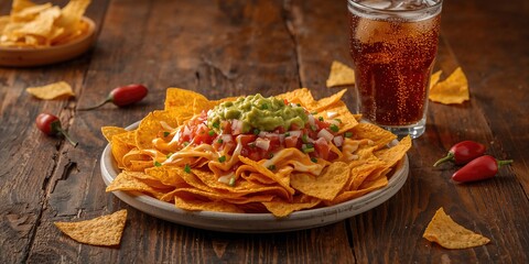 Nachos on a plate with salsa, cheese, guacamole, and cola drink, ideal for casual snacking, World Food Day
