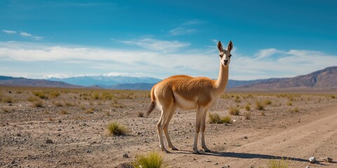 Fototapeta premium Guanaco in the arid Atacama Desert, wildlife adaptation to extreme dryness