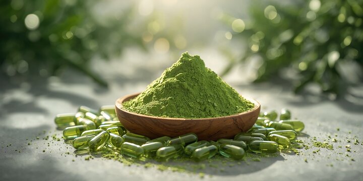 Close-up of green andrographis paniculata powder and capsules, herbal supplement safety and quality control