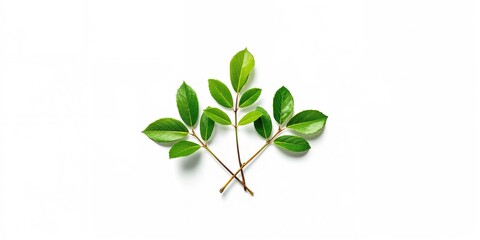 Obraz premium Close-up of three small bay leaf branches on white background, illustrating herb harvesting for kitchen use, International Herb Day