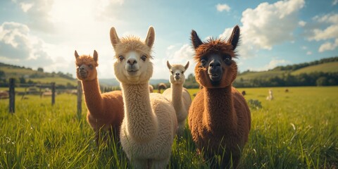 Obraz premium Alpacas resting on a grassy ranch under bright sunlight, highlighting livestock management in warm weather