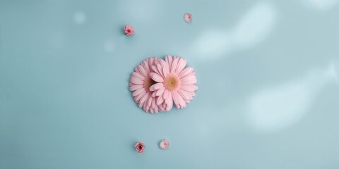 Spring pink flowers arranged on a pastel blue tabletop with a floral border, ideal for spring-themed background or layout design